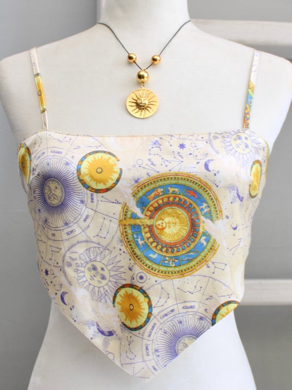 Forever 21 Zodiac Whimsical Satin Crop Handkerchief Tank Top White Gold sz Small